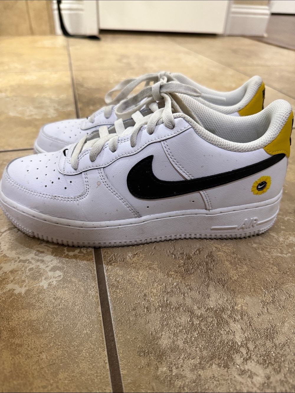Nike 6Y Leather Sneakers with Black Swoosh and Yellow Accents